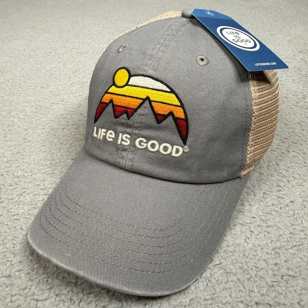 Life Is Good Hat Cap Retro Mountains Soft Mesh Snapback Gray Outdoors Hiking NWT